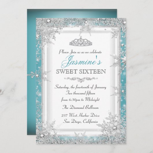 Blue Silver Winter Wonderland Sweet 16 Invitation (Devant / Derrière)