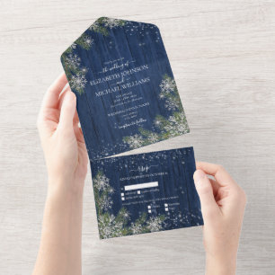 Blue Silver Winter Wood Pset Rustic Wedding +Menu All In One Uitnodiging