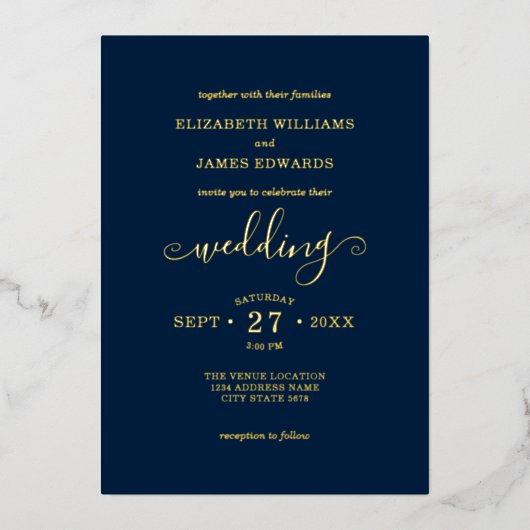 Blue Simple Elegant Wedding Gold Foil Uitnodiging (Voorkant)