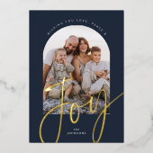 Blue Simple Joy Modern Script Arch Foto Kerstmis Folie Feestdagenkaart (Voorkant)