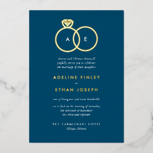 Blue Simple Modern Rings Monogram Weddenschap Folie Uitnodiging