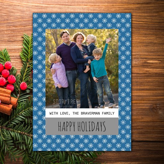 Blue Simple Snowflake Holiday Photo Carte Plat