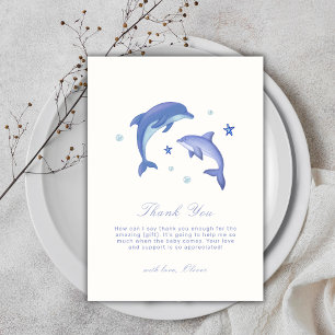 Blue Simple Summer Dolphin Stars Baby shower Bedankkaart
