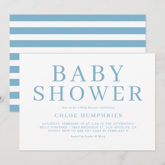 Blue Simple Typography Stripes Boy Baby shower Kaart (Voorkant / Achterkant)