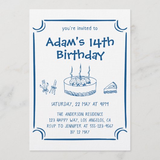 Blue Sketch Line Art Kids Birthday Party Kaart (Voorkant)