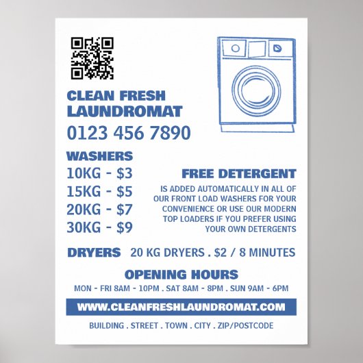 Blue Sketch Washer, Laundromat, reinigingsservice Poster (Voorkant)