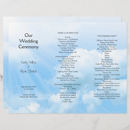 Blue Sky Clouds Tri-voudig Wedding Programme (Voorkant / Achterkant)