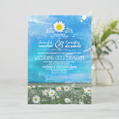 Blue Sky en Summer Meadow Daisies bruiloft uitnodi Kaart (Staand voorkant)