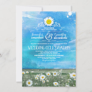 Blue Sky en Summer Meadow Daisies bruiloft uitnodi Kaart