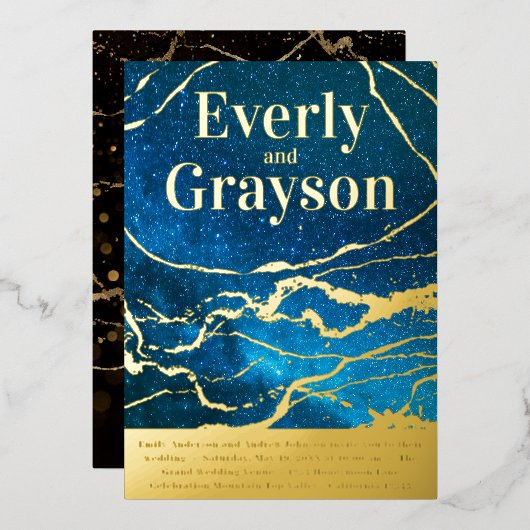 Blue Sky Galaxy Agate Marble Gold Wedding Folie Uitnodiging (Voorkant / Achterkant)