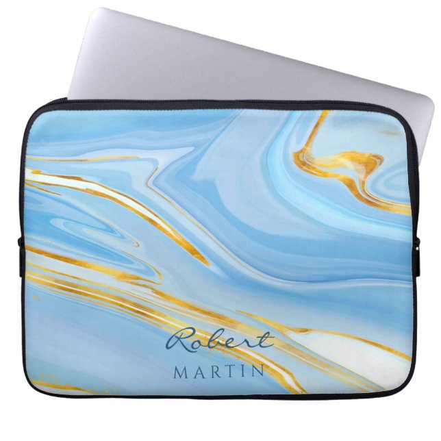 Blue Sky Gold Glitter Marmer  Laptop Sleeve (Voorkant)