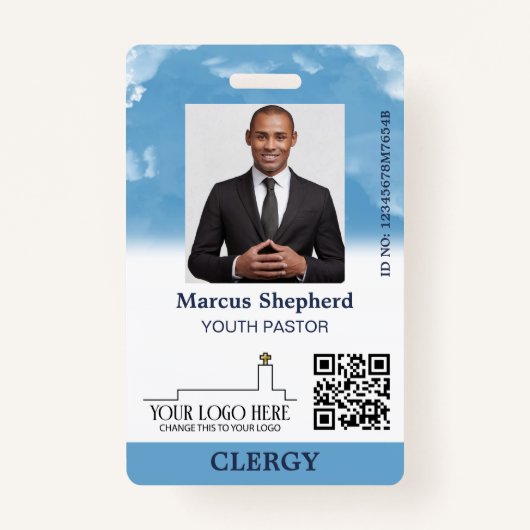 Blue Sky White Clouds Logo QR Code Church ID Badge (Voorkant)