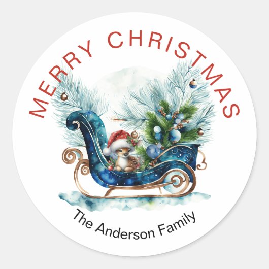 Blue Sled Baby Reindeer Ronde Sticker (Voorkant)