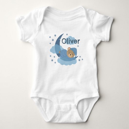 Blue Sleeping Baby Beer op Moon Clouds & Stars Romper (Voorkant)