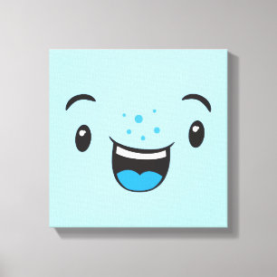 Blue Smiling Kawaii Face Wrapped Canvas Afdruk