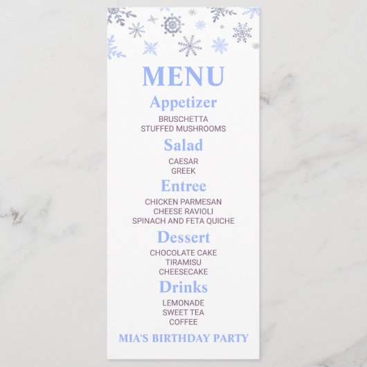 Blue Snowflake Anniversaire Fête Menu Aliments (Devant)