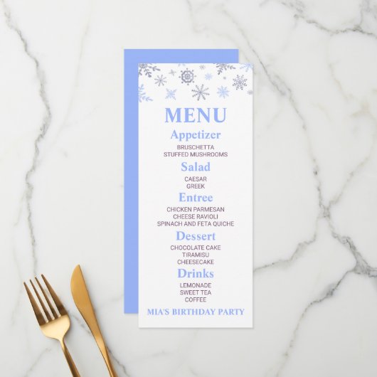 Blue Snowflake Anniversaire Fête Menu Aliments (Devant/Arrière en situation)
