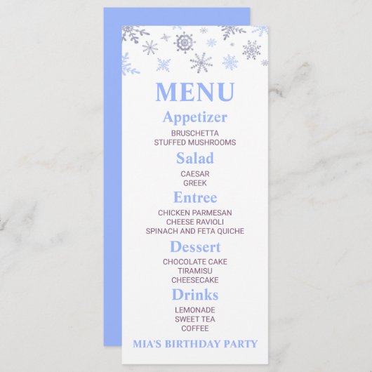 Blue Snowflake Anniversaire Fête Menu Aliments (Devant / Derrière)