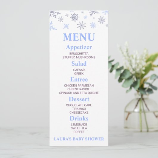 Blue Snowflake Baby shower Food Menu (Staand voorkant)