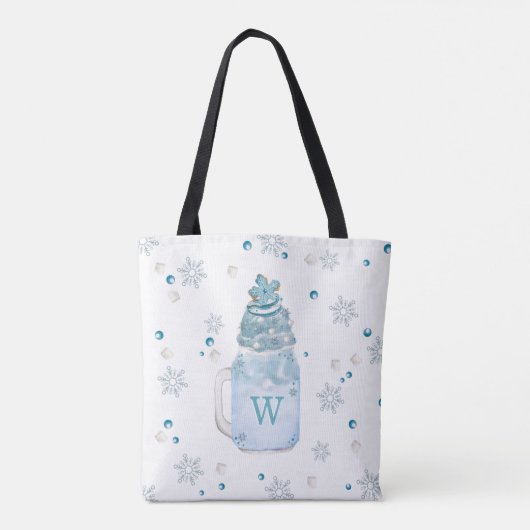 Blue Snowflake Mason Jar Milkshake Monogram Draagtas (Achterkant)