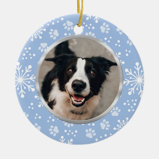 Blue Snowflake Paw Pattern Foto Keramisch Ornament (Voorkant)
