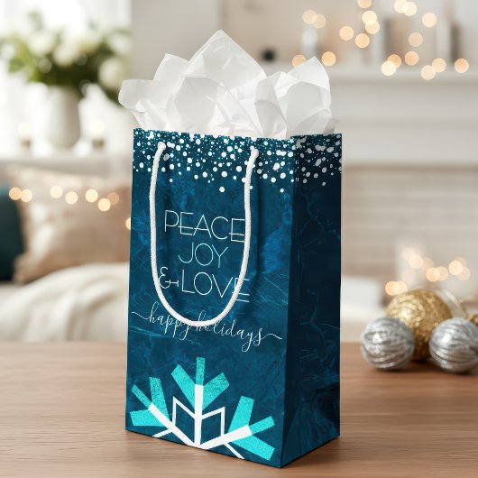 Blue Snowflake Peace Joy Love Typografie Modern Klein Cadeauzakje
