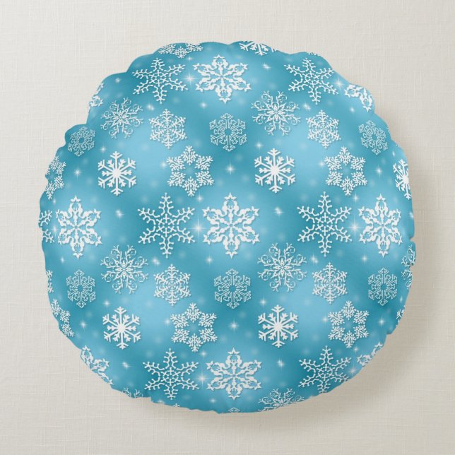 Blue Snowflake Rond Kussen (Voorkant)