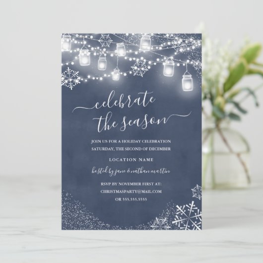 Blue Snowflake String Lichten Rood Kerstmis Kaart (Staand voorkant)