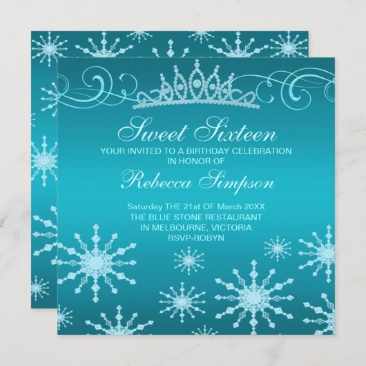 Blue Snowflake & Tiara Design Invitation Anniversa (Devant / Derrière)