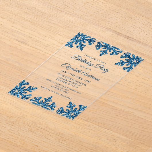 Blue Snowflake Winter Birthday Party Acryl Uitnodigingen (Laagn)