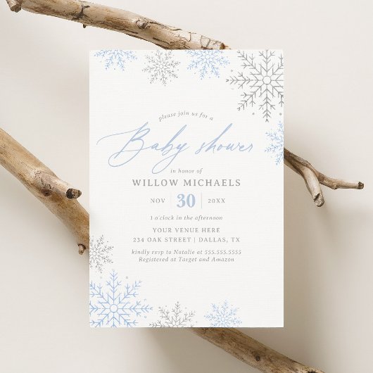 Blue Snowflake Winter Boy Baby shower Kaart