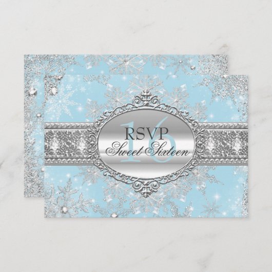 Blue Snowflake Winter Wonderland Sweet 16 RSVP (Devant / Derrière)