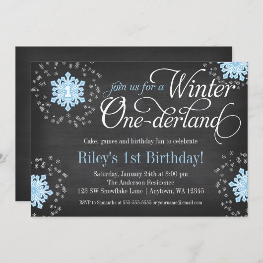 Blue Snowflakes Chalkboard Winter Onederland Kaart (Voorkant / Achterkant)