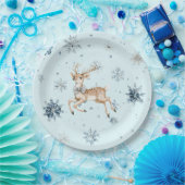 Blue Snowflakes Christmas Deer with Bow Papieren Bordje (Feest)