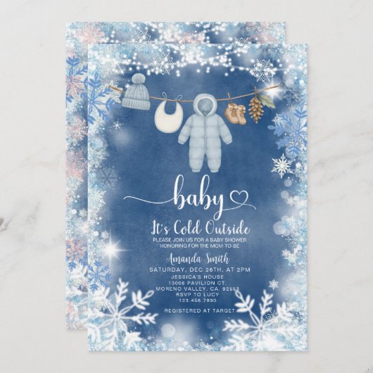 Blue Snowflakes Clothesline Baby Shower Kaart (Voorkant / Achterkant)