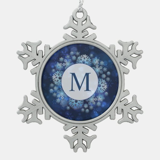 Blue Snowflakes Monogram Pewter Snowflake Ornament (Voorkant)