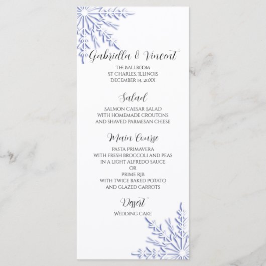 Blue Snowflakes sur White Winter Wedding Menu (Devant)