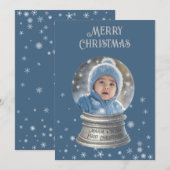 Blue Snowglobe Snowflake Photo Flat Holiday Kaart (Voorkant / Achterkant)