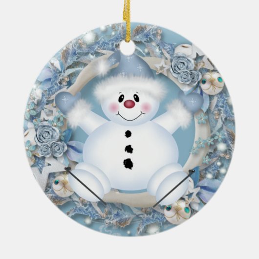 Blue Snowman Ceramic Ornament (Achterkant)