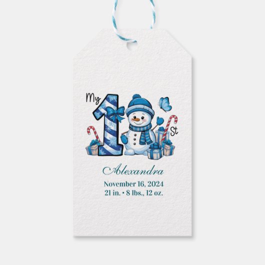 Blue Snowman First Christmas Cadeaulabel (Achterkant)