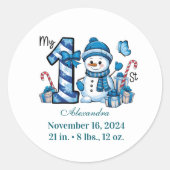 Blue Snowman  First Christmas Ronde Sticker (Voorkant)