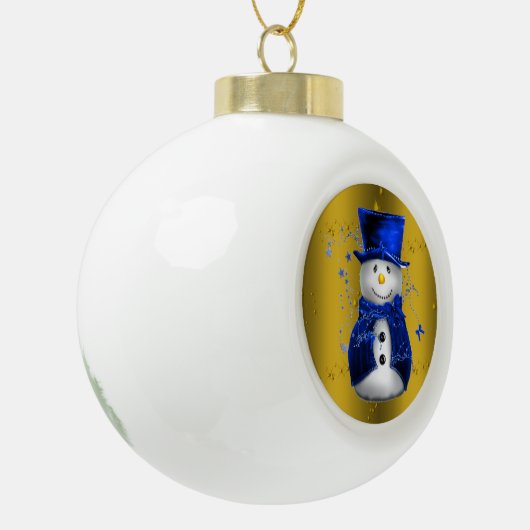 Blue Snowman op Gold Kerstmis Keramische Bal Ornament (Links)