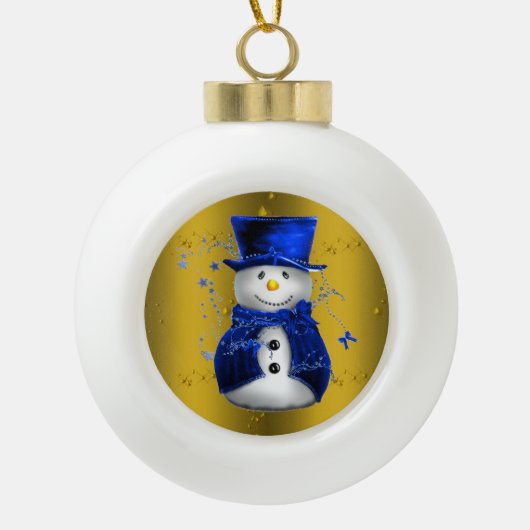 Blue Snowman op Gold Kerstmis Keramische Bal Ornament (Voorkant)
