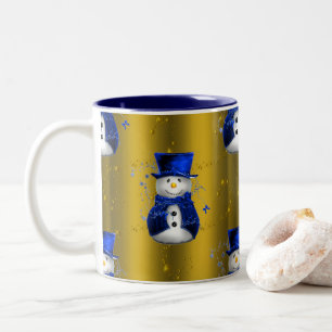 Blue Snowman op Gold Kerstmis Tweekleurige Koffiemok