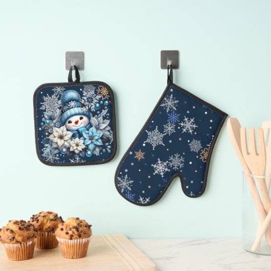 Blue Snowman Oven Mitt en Pot Houders Ovenwant & Pannenlap Set (Insitu(Ophanging))