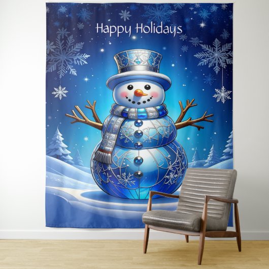 Blue Snowman Snowflakes Holiday Backdrop Wandkleed (In situ)