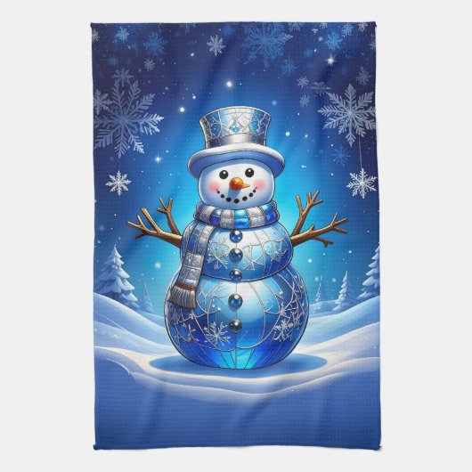 Blue Snowman Snowflakes Holiday Kitchen Towel Theedoek (Verticaal)