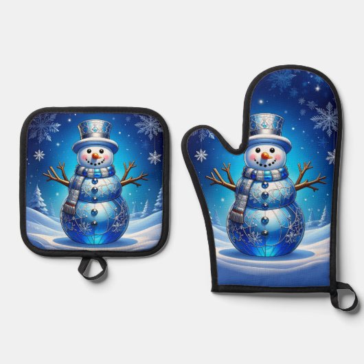 Blue Snowman Snowflakes Ovenwant & Pannenlap Set (Voorkant)
