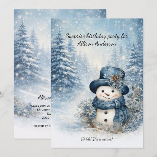 Blue Snowman Surprise Birthday Party | Kaart (Voorkant / Achterkant)