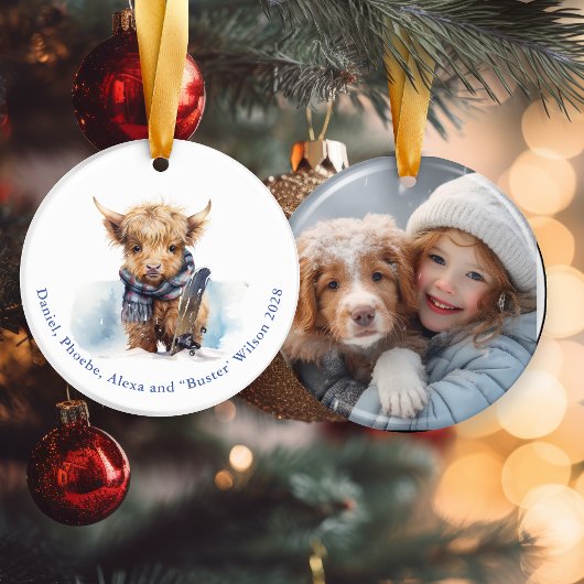 Blue Snowy Day Highland Koe kerstversiering Keramisch Ornament